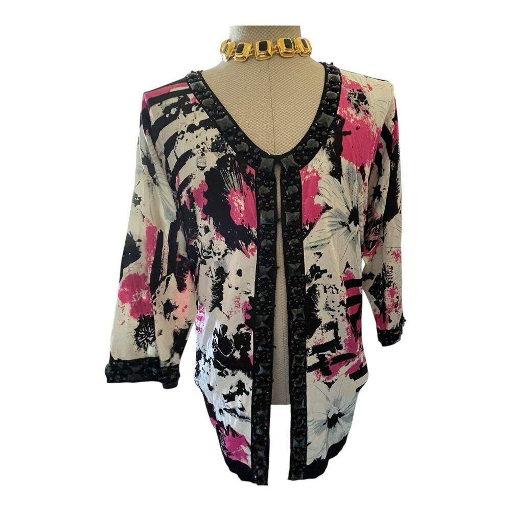 Michael Simon Artsy Embellished Cardigan Plus Size 2X Mature Beaded Colorful